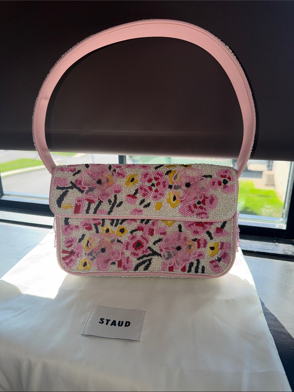 STAUD Pink Beaded Floral Shoulder Bag with Yellow Accents